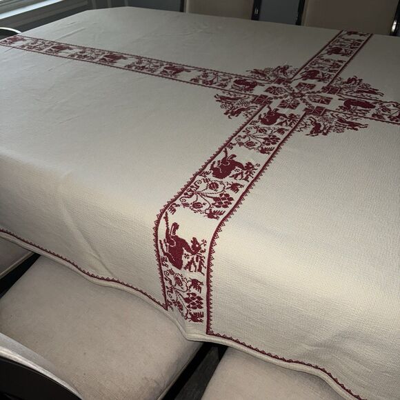 Vintage Christmas Tablecloth Nordic Red Cross Stitch 116x65” Cream Holiday Folk - Picture 10 of 16